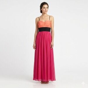 Vintage Y2K Cache' Silk Maxi Dress Sz 0 Pink Orange Black Colorblock Formal Gown